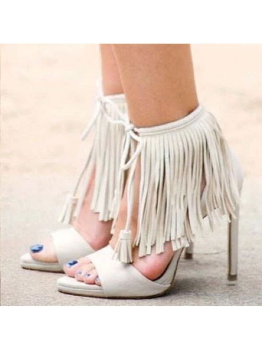 Zara Faux Suede Fringe Tassel Tie High Heel Sandals in Bone/Cream - Picture 4 of 15